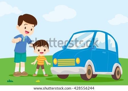 Dad and son looking at car.