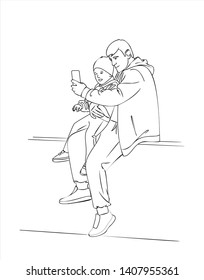 Dad and son make selfie. Father and son are sitting and taking pictures. Modern flat vector illustration on white background, outline.