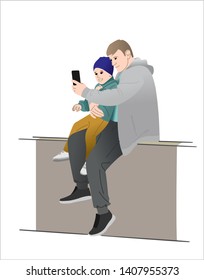 Dad and Son Make Selfie. Father and son are Sitting and Taking Pictures. Modern flat Vector illustration on white background.