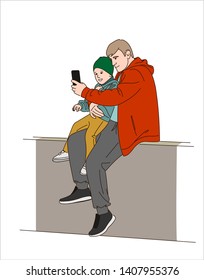 Dad and Son Make Selfie. Father and son are Sitting and Taking Pictures. Modern flat Vector illustration on white background.