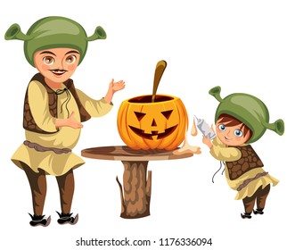 Dad with son making Halloween pumpkin poster svg