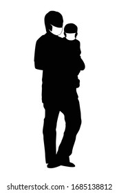 Dad and son with mask silhouette vector