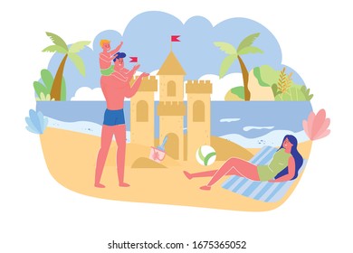 Dad with Son on his Shoulders Adorn Sand Building. Woman Lies on Blanket on Warm Sand and Watches her Husband and Son Finish Sand Castle. They Happy to Relax on Beach near Blue Ocean.