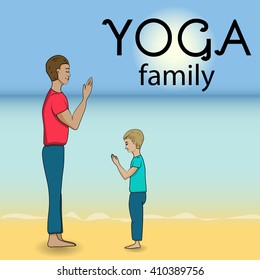 Dad and son on nature in the mountains do yoga. Family yoga in nature.