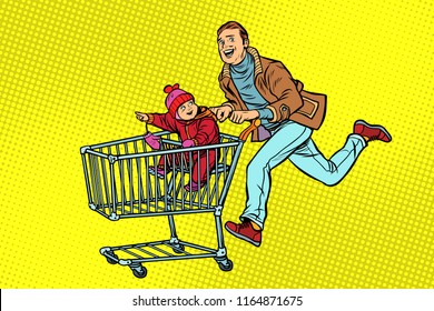 dad and son are on sale. shopping cart shop trolley. Pop art retro vector illustration vintage kitsch