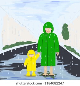 dad and son on a walk in the rain, vector illustration