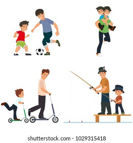 Dad and son play, fish, chase the ball and ride a scooter. vector illustration