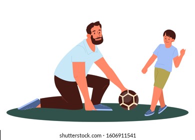 Dad and son play football. Father teaching his son to kick a ball. Summer activity. Dad and kid spend time together. Family activity outdoor. Isolated vector illustration in cartoon style