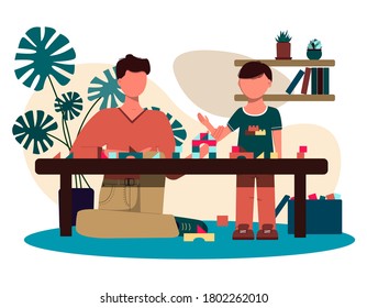 dad and son play together with the constructor. flat design. illustration of a man and a boy in a cozy interior with potted flowers, furniture and children s toys. Vector image of a family 