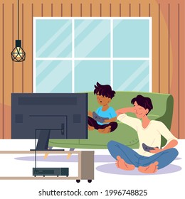 dad and son playing game on couch