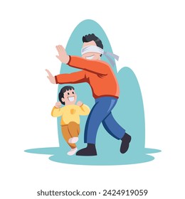 dad and son playing hide and seek , blindfold in the eyes of the dad