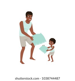 Dad and son playing pillow, loving dad and kid spending time together vector Illustration on a white background