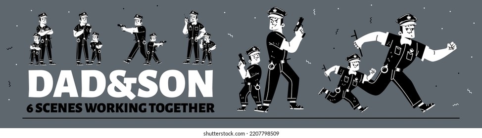 Dad And Son In Policeman Costume Work Together. Father Police Officer And Boy With Cap, Baton, Gun And Handcuffs, Vector Black And White Hand Drawn Illustration