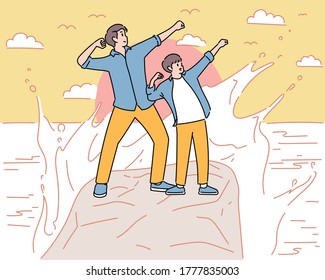 Dad and son are posing equally funny. hand drawn style vector design illustrations. 