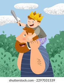 Dad with son poster. Parent plays knights with child, boy with crown and sword sits on his neck. Father Day June 18 congratulatory postcard. Happy fatherhood. Cartoon flat vector illustration