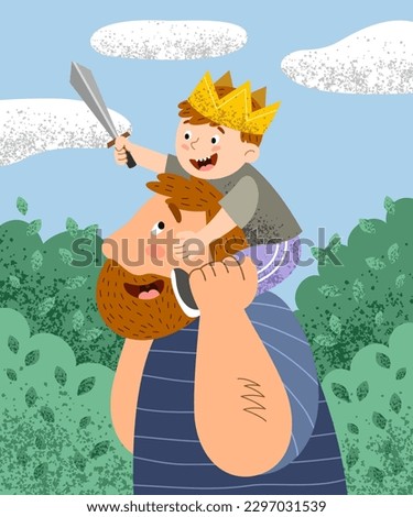 Dad with son poster. Parent plays knights with child, boy with crown and sword sits on his neck. Father Day June 18 congratulatory postcard. Happy fatherhood. Cartoon flat vector illustration