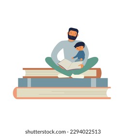 Papá y su hijo leen un libro sentado en un montón de libros. Papá y su hijo pasan tiempo juntos. Ilustración vectorial plana