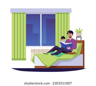 Dad and son read story together before bed flat style, vector illustration isolated on white background. Room interior, decorative design element, bedtime, child and parent