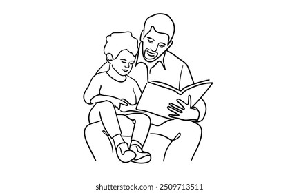 Pai e filho lendo um livro desenho de arte de linha contínua isolado no fundo branco. Dia dos Pais. Ilustração vetorial