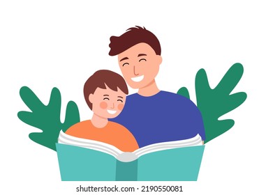 Dad and son reading book together in flat design on white background.