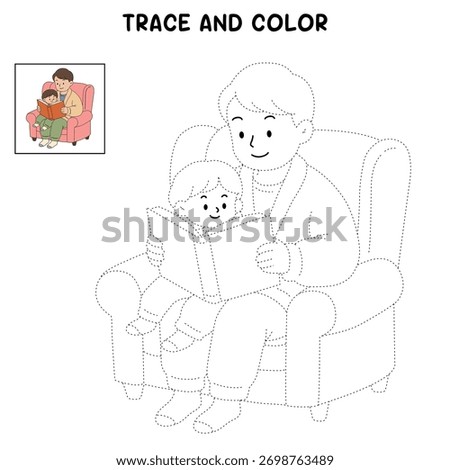 Dad and son reading a book together coloring page for father day. Father day coloring page for kids activity. Fun fathers day activity worksheet for kids. Father's Day card. 