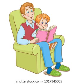 Dad And Son Are Reading A Book While Sitting On The Recliner.  In Cartoon Style. Isolated On White Background. Vector Illustration.