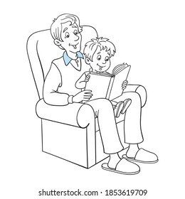 Dad And Son Are Reading A Book While Sitting On The Recliner. Black And White Picture With Blue Accent. In Cartoon Style. Isolated On White Background. For Coloring Book.