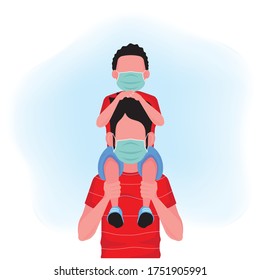 Dad and son in red shirt are wearing a surgical mask while son is riding on his father's neck, they follow a wearing mask campaign