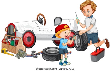 Dad and son repairing a car together illustration