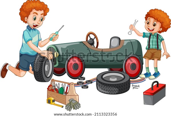Dad and son\
repairing a car together\
illustration