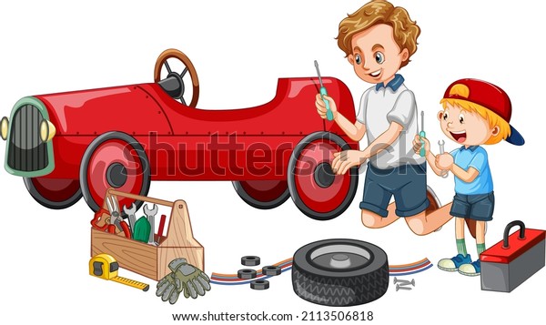 Dad and son
repairing a car together
illustration