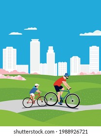 Dad and Son ride bicycles in city park vector. Father, baby kid cute cartoon illustration. Family active sport cycling leisure activity. Parent, child together summer outdoor bicycling background