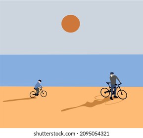 Dad and son riding bicycles at the beach having fun together. Kid learns to ride bicycle. vector illustration