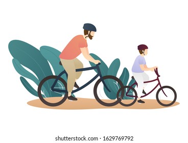 dad and son riding bikes together. outdoor family scenes, good parenting, good nurturing, bonding, trust and support between parents and children. flat vector illustration