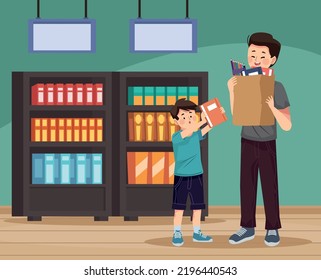 dad and son in school supplies store characters