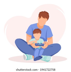Dad with son are seating and playing together. Dad and son, Family, Father's day concept. Isolated vector illustration for greeting card, flyer, poster.