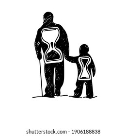 Dad and son silhouette with hourglass hand-drawn
vector illustration. Time is priceless. Protect parents. EPS 10