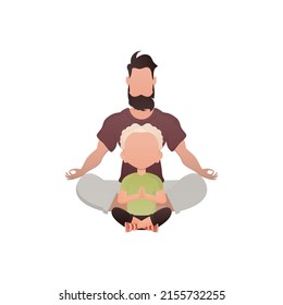 Dad and son are sitting and doing yoga. Isolated. Cartoon style. 