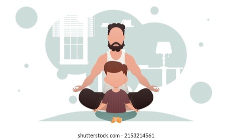 Dad and son are sitting meditating in the lotus position. Meditation. Cartoon style. Vector illustration