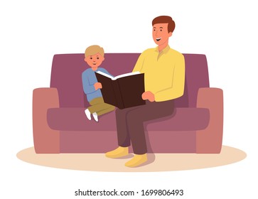 
Dad and son are sitting on the couch and reading a book together. Cartoon character design. Flat vector illustration 