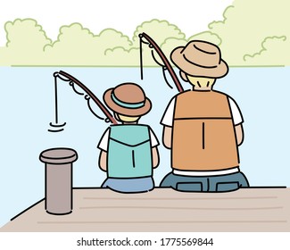 Papá y su hijo están sentados en la orilla del río y pescando. ilustraciones de diseño vectorial de estilo dibujado a mano. 