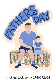 Dad and son sitting together on wooden bench and smiling. flat hand draw sticker. Father's Day concept.