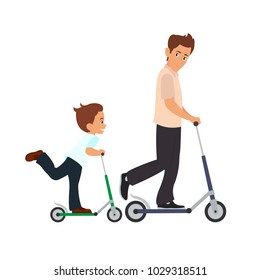dad and son skate on scooters. vector illustration isolated on white background.