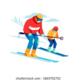 Dad and son skiing together. Parent and kid in warm winter outfit spending time together and enjoying active recreation on holidays. Winter outdoor activities cartoon vector illustration
