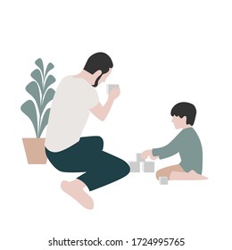 Dad and son spending time together at home, happy family. Joyful father playing with his little kid. Cute cartoon characters isolated on white background. Flat vector illustration