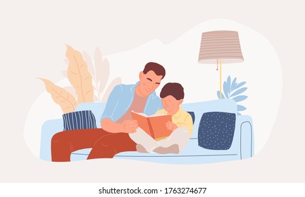 Dad and son spending time together. Family reading with kids at home.  Homeschooling with parents. Dyslexia boy disease concept. Father's day. Alphabet learning vector illustration