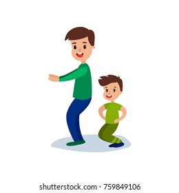 Dad and son squatting together, sport family and physical activity with children vector Illustration