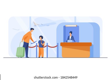 Dad and son standing at counter in airport. Father giving toy plane to boy flat vector illustration. Travel, holiday, trip, flight concept for banner, website design or landing web page