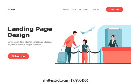 Dad and son standing at counter in airport. Father giving toy plane to boy flat vector illustration. Travel, holiday, trip, flight concept for banner, website design or landing web page