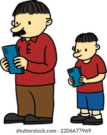 dad and son standing using smarthphone with cartoon hand draw vector style design